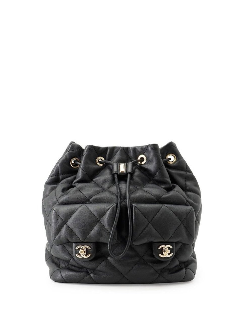 Chanel Backpack CC Logo Quilted Drawstring Double Pocket Calfskin Black